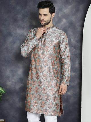 Men Silver Silk Blend Straight Kurtas