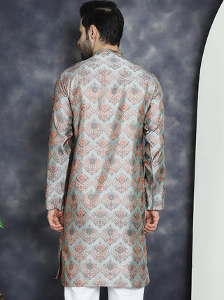 Men Silver Silk Blend Straight Kurtas