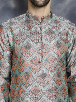 Men Silver Silk Blend Straight Kurtas