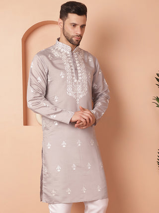 Men's Grey Chikankari Embroidered Kurtas