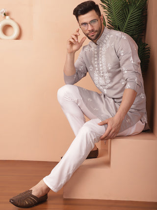 Men's Grey Chikankari Embroidered Kurtas