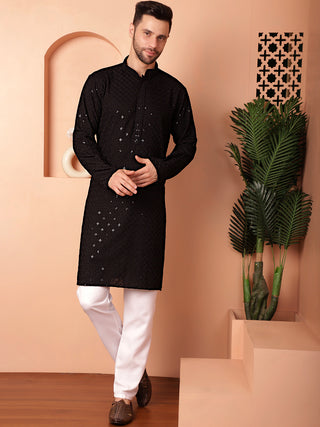 Men's Black Embroidered and Sequence Kurtas