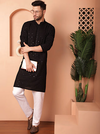 Men's Black Embroidered and Sequence Kurtas