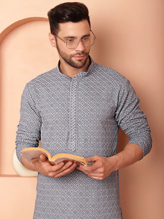 Men's Grey Embroidered and Sequence Kurtas