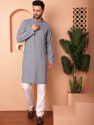 Men's Grey Embroidered and Sequence Kurtas