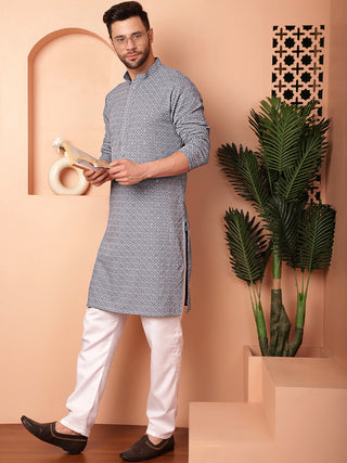 Men's Grey Embroidered and Sequence Kurtas