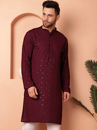 Men's Purple Embroidered and Sequence Kurtas