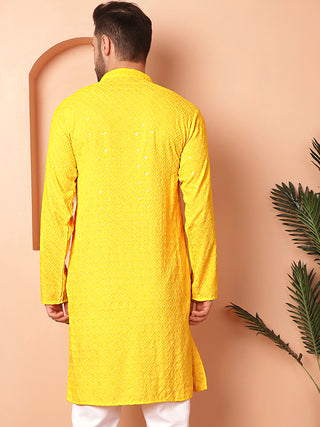 Men's Yellow Embroidered and Sequence Kurtas