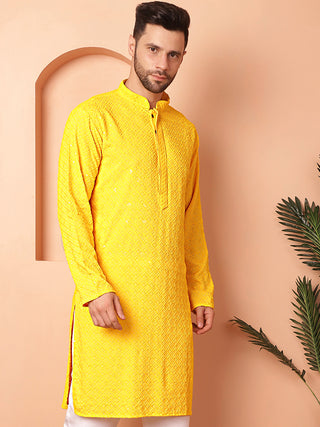 Men's Yellow Embroidered and Sequence Kurtas