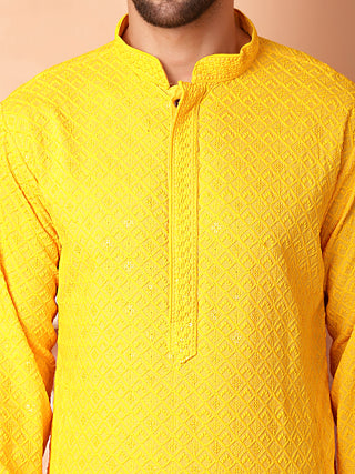 Men's Yellow Embroidered and Sequence Kurtas