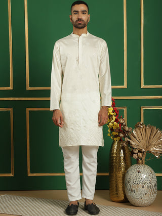 Men Pista Green Embroidered and Sequence Kurtas