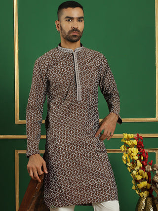 Men Brown Printed Kurtas