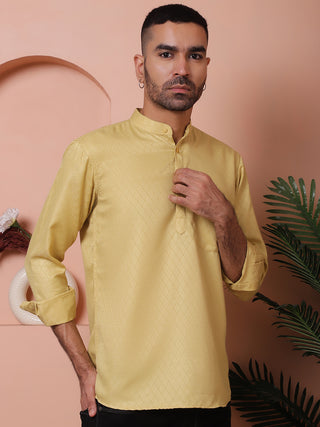 Beige Woven Design Short Kurta for Men