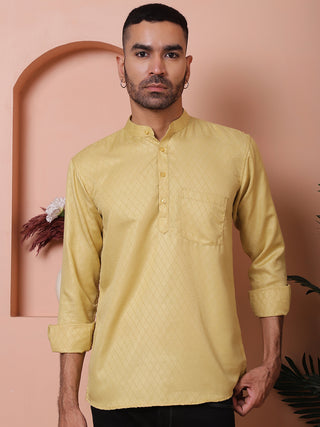 Beige Woven Design Short Kurta for Men