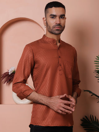 White Woven Design Short Kurta for Men