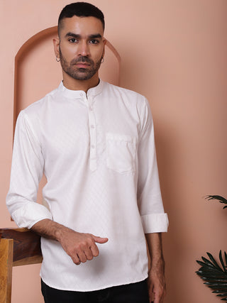 White Woven Design Short Kurta for Men