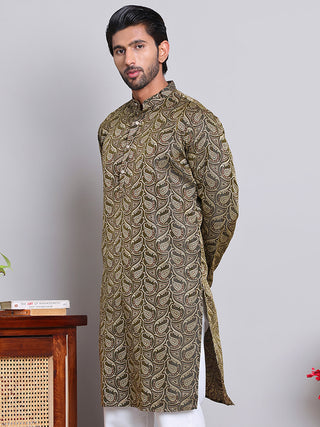 Men Black Silk Blend Straight Kurtas