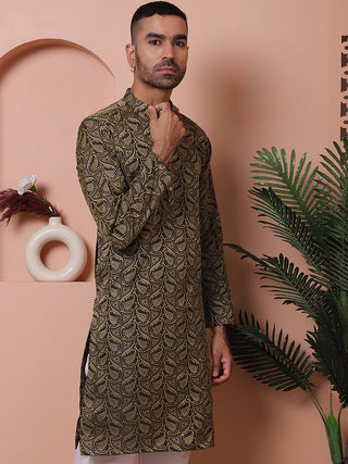 Men Black Silk Blend Straight Kurtas