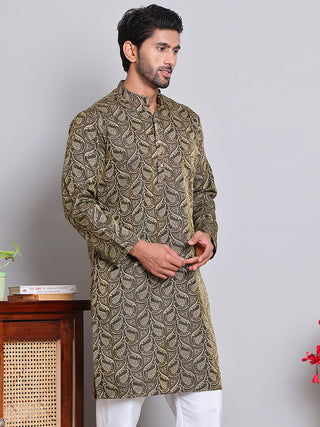 Men Black Silk Blend Straight Kurtas