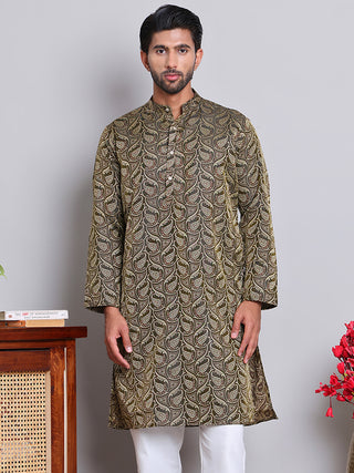 Men Black Silk Blend Straight Kurtas