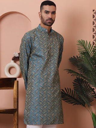 Men Blue Silk Blend Straight Kurtas