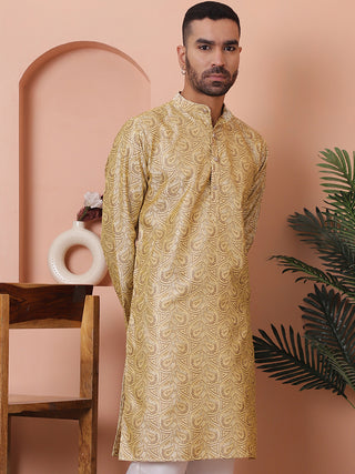 Men Golden Silk Blend Straight Kurtas