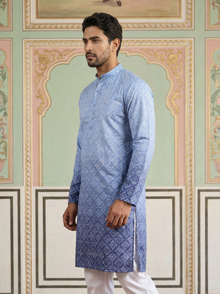 Blue Ombre Printed Kurta For Men