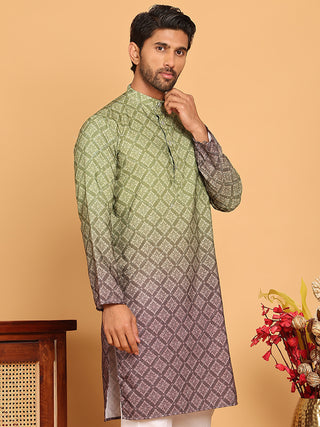 Olive Green Ombre Printed Kurtas For Men