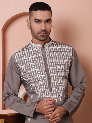 Grey Embroidered With Mirror Work Silk Kurta