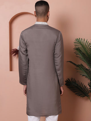 Grey Embroidered With Mirror Work Silk Kurta