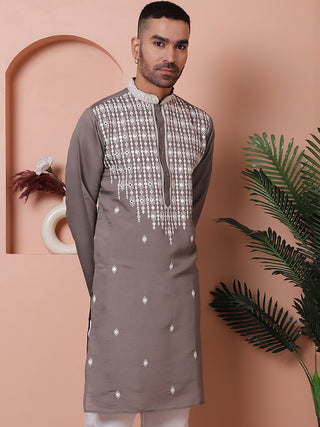 Grey Embroidered With Mirror Work Silk Kurta