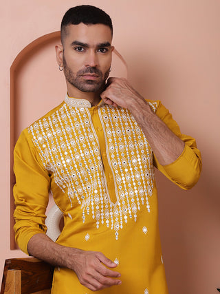 Mustard Embroidered With Mirror Work Silk Kurta