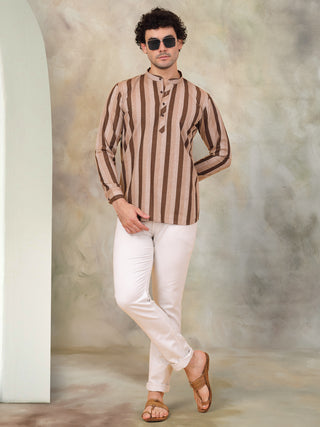 Men's Beige Striped Short Kurtas