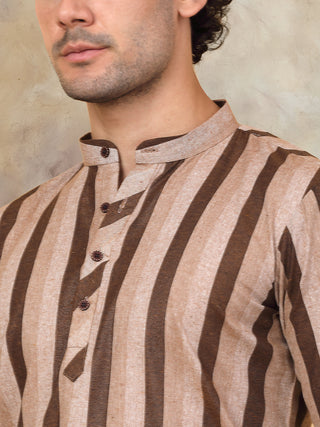 Men's Beige Striped Short Kurtas