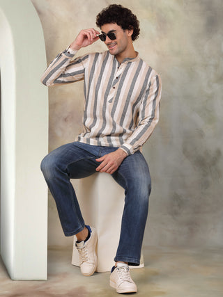 Men's Grey Striped Short Kurtas