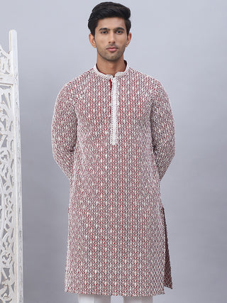 Men's Maroon Chikankari Embroidered and Sequence Kurtas