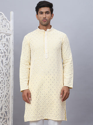 Men's Yellow Chikankari Embroidered and Sequence Kurtas