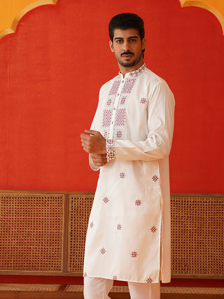 Men White Floral Embroidered Kurtas