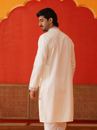 Men White Floral Embroidered Kurtas