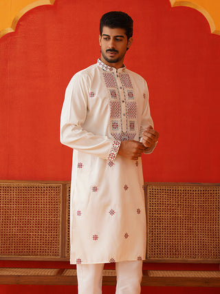 Men White Floral Embroidered Kurtas