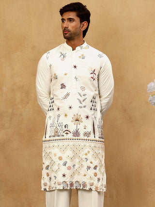 Silk Blend Floral Embroidered Kurta