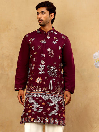 Silk Blend Floral Embroidered Kurta