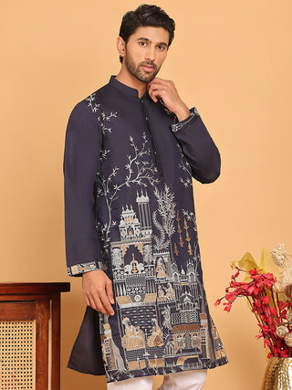 Navy Blue Embroidered Straight Kurtas For Men