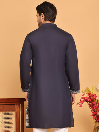 Navy Blue Embroidered Straight Kurtas For Men
