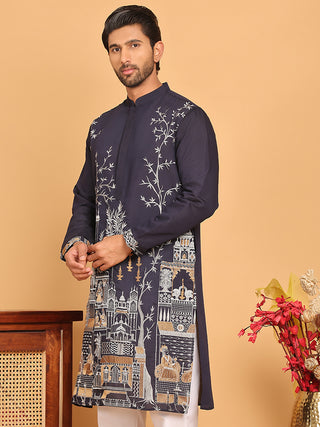 Navy Blue Embroidered Straight Kurtas For Men