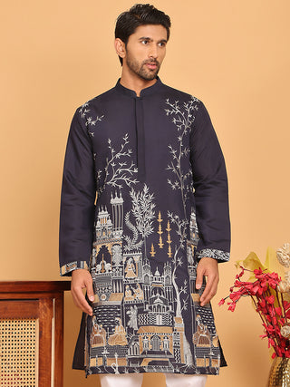 Navy Blue Embroidered Straight Kurtas For Men