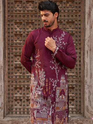 Purple Embroidered Straight Kurtas For Men