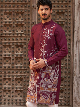 Purple Embroidered Straight Kurtas For Men
