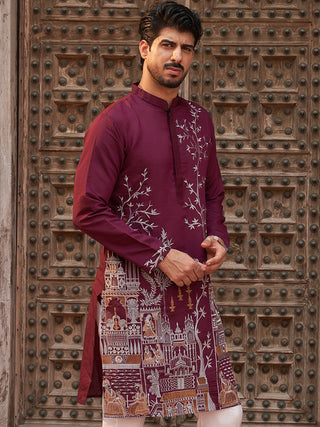 Purple Embroidered Straight Kurtas For Men