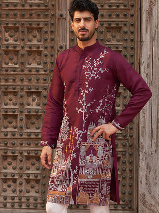 Purple Embroidered Straight Kurtas For Men